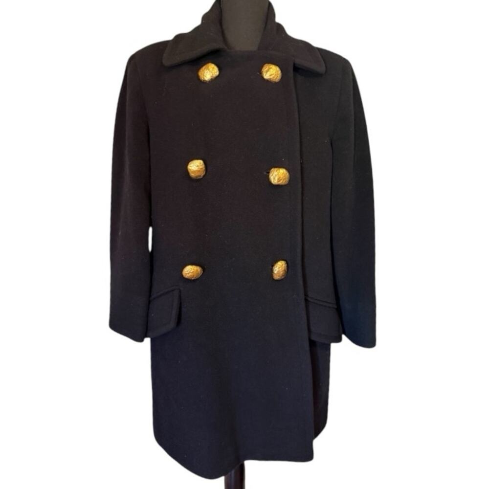 Vintage Anne Klein Lambswool and Cashmere Black Pea Coat with Gold Buttons L